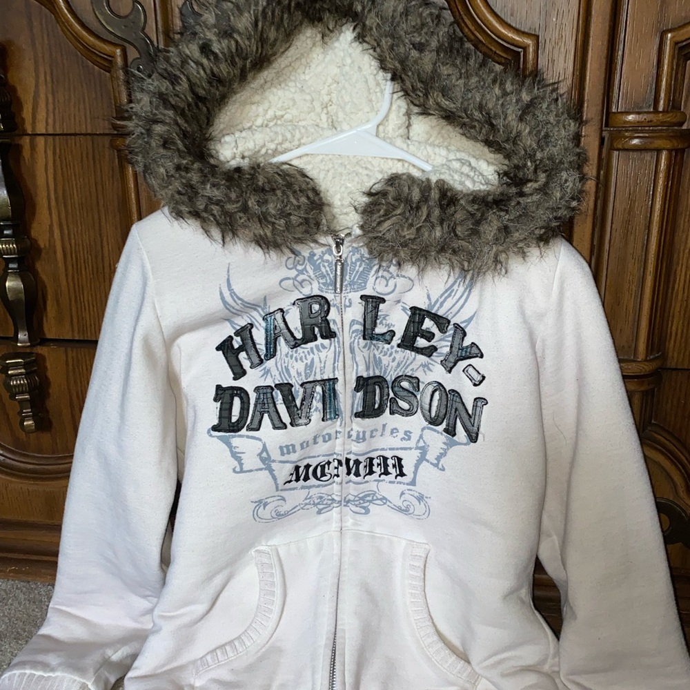 White fluffy Harley Davidson womens sweatshirt